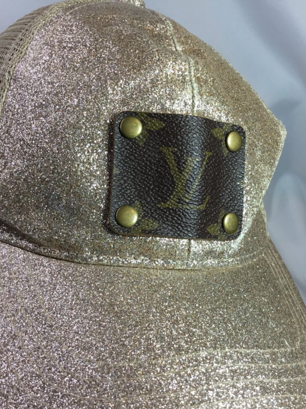 Upcycled LV Patch Distressed Trucker Hat CC Ponytail Cap Bling Gold Sparkle Mesh - Picture 7 of 13